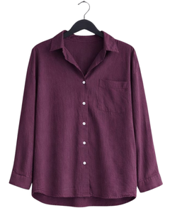 Ensemble deux pièces en lin bordeaux pour femme, chemise à manches longues boutonnée et pantalon large à taille élastique, tenue décontractée - Product Image 1