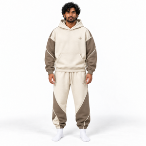 Custom Heavyweight French Terry Cotton Breathable Hoodie <b>Jogger</b> Set Men <b>Oversized</b> Sweatsuit Curved Piping Relaxed Streetwear Fit - Product Image 2