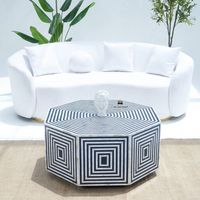 Table basse ronde géométrique moderne, design incrusté bleu et blanc, table centrale de salon, décoration intérieure durable, idéale pour une baby shower