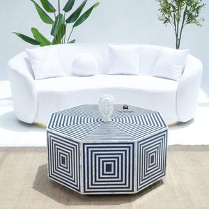 Table basse ronde géométrique moderne, design incrusté bleu et blanc, table centrale de salon, décoration intérieure durable, idéale pour une baby shower - Product Image 3
