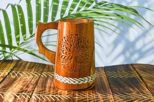 Taza de Cerveza Clásica de Madera Quemada Hecha a Mano con Asa y Pajita, Portátil y Ecológica para Hombres, para Viajes, Campamentos y Uso al Aire Libre - Product Image 3