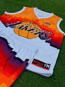Ensemble de maillots de basket-ball personnalisés avec logo, sublimés, col en V, sans manches, respirants, en polyester, unisexe, pour adultes, couleurs dégradées - Product Image 3