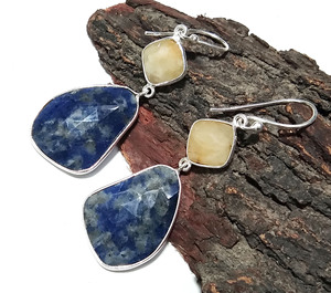 Yellow Sapphire Blue Jade Bohemian Style Solid 925 Sterling <b>Silver</b> Handmade Natural Gemstone <b>Dangle</b> Drop <b>Earrings</b> Certified - Product Image 4
