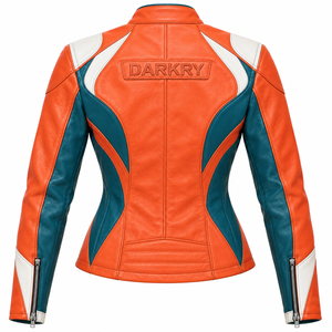 Chaqueta de Motociclista de Cuero Genuino para Mujer, Color Naranja, Verde Azulado y Blanco, Marca Darkry, para Carreras, Motocross y Deportes - Product Image 2
