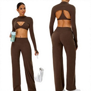 Women Solid Brown Yoga Set High Waist Pants Long Sleeve <b>Crop</b> <b>Top</b> With Cut-Out Design Sweat-Wicking Seamless 2 Piece Set - Product Image 3
