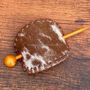 Nouveau 2025 pinces à cheveux en cuir véritable barrette à cheveux en cuir de vachette avec accessoires de bâton en bois pour les cheveux des femmes porte-queue de cheval - Product Image 2