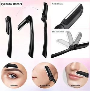 Kit de rasage des sourcils incurvé 4-en-1 pour femmes et hommes, en acier inoxydable noir avec rasoir pliable, pince de précision, écologique - Product Image 3