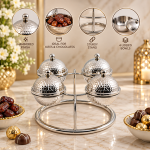Ensemble de bols en acier inoxydable avec support de présentation rond, vaisselle martelée pour dattes, chocolats, fruits secs, noix, collations, sucreries - Product Image 4