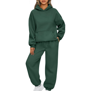 Ensemble de survêtement à capuche pour femme, couleur unie, manches longues, décontracté, respirant, coupe ample, 100 % coton, poids moyen, pantalon de jogging pour l'automne - Product Image 1