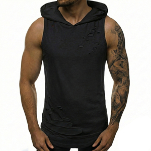 Wholesale Custom Blank Men's Ripped Sleeveless Hoodie <b>Distressed</b> Workout Tank <b>Top</b> Layered Fitness Gym Bodybuilding Muscle Tee - Product Image 6