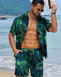 Conjunto de Camisa de Manga Corta con Estampado Tropical y Pantalones Cortos a Juego para Hombre, Atuendo Casual de Playa para Verano, Tejido de Poliéster Transpirable - Product Image 4