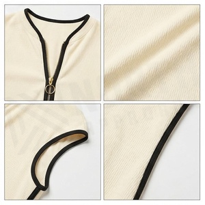 Women's Cream One-Piece Bodysuit Deep V Neck Contrast Binding Zipper Front Knitted Stretch Swimwear - Product Image 4
