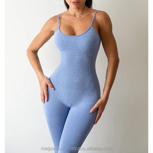 Women's Blue Spaghetti Strap <b>Bodysuit</b> Full Length Cami Bodycon Activewear Stretch Soft Tummy Control Shapewear - Product Image 2