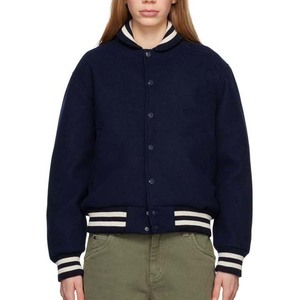 Chaqueta Varsity Azul Marino para Mujer, con Cuello y Puños a Rayas en Contraste, Tejido de Lana para Otoño, Cierre de Botones, Chaqueta de Béisbol - Product Image 1
