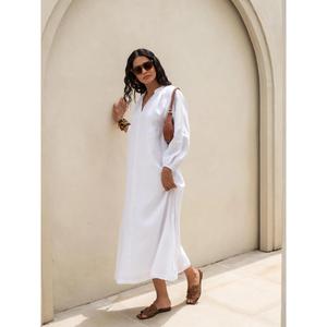 Vestido largo de lino y algodón blanco para mujer, sin mangas, con botones, cuello en V, elegante vestido largo de verano - Product Image 3