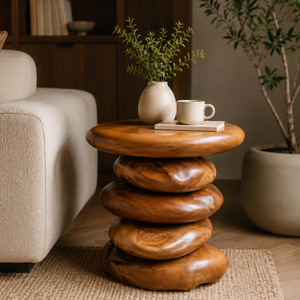 Table basse ARTERRA de luxe contemporaine en teck, artisanale, écologique, design galets empilés, pour salon et hôtel - Product Image 6