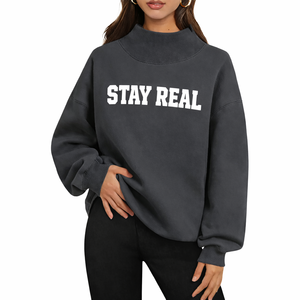Women's Brown Oversized Mock Neck Stay Real Graphic Sweatshirt <b>Drop</b> Shoulder Long Sleeve Casual Fleece Pullover Loose Fit - Product Image 2