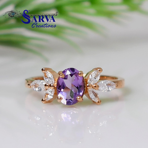 Bague en Améthyste Naturelle Plaqué Or 14 carats Argent Sterling 925 Zirconium Pierre Précieuse Ovale Motif Feuille Florale Bijou Tendance Femme - Product Image 6