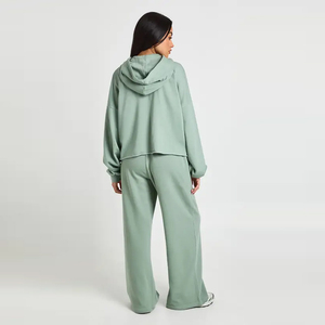 Custom Tracksuit <b>Women</b> Sage <b>Green</b> <b>Fleece</b> Full-Zip Hoodie with Pockets Matching Sweatpants Set Oversized Casual Style - Product Image 3