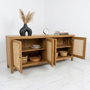 Wholesale Teak <b>Sideboard</b> 4 Door Rattan Cane Panel Wood Knob Straight Leg Scandinavian Dining Room Buffet Storage Direct Factory - Product Image 3