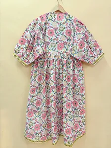 Bohemian White Pink Floral Block Print Cotton Midi <b>Dress</b> Vintage Puff Sleeve <b>Loose</b> Fit Tie Neck Summer <b>Dress</b> For Women - Product Image 4