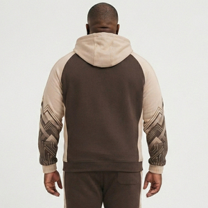 Men Plus Size Color Blocked Zip Hoodie Geometric Print Casual Racer <b>Jacket</b> Autumn Wear Detachable Hood Polyester Cotton Zipper - Product Image 2