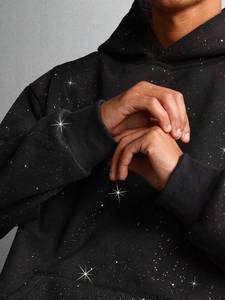 Sudadera con capucha para hombre con pedrería negra, hombros caídos, de algodón polar, estilo urbano, peso pesado, fabricante de marca privada - Product Image 6