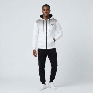 <b>Mens</b> Solid <b>White</b> & Black Full Zip Hoodie Tracksuit Set Hooded Jacket & Jogger <b>Pants</b> 2 Piece 100% Cotton Athletic Sportswear - Product Image 1
