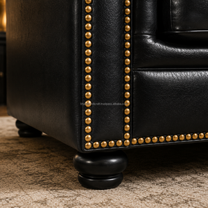 Fauteuil Chesterfield moderne en cuir noir, dossier capitonné de luxe, avec garniture de clous dorés, canapé monoplace pour bureau et maison - Product Image 5