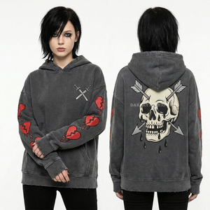 Sweat-shirt de luxe vintage Ocre 500GSM pour femme, avec motif graphique Tête de mort Lustre Aristocratic Decay et impression sur manches effet damassé vieilli - Product Image 6