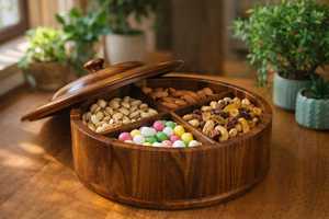 Handmade Polished <b>Wooden</b> <b>Square</b> Tray Carved Floral Design Divided Compartments Multifunction for Nuts Dried Fruits Tabletop - Product Image 6