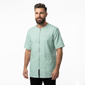 Veste de barbier professionnelle en soie écologique, imperméable, avec logo brodé personnalisé, fermeture éclair, manches courtes - Product Image 6