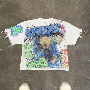 เสื้อยืดกราฟิกสีขาวแบบครอป พิมพ์ลายกราฟฟิตี ขอบดิบ แต่งยับ ทรงโอเวอร์ไซส์ ผ้าฝ้ายพรีเมียม สตรีทแวร์ เสื้อยืดสั่งทำพิเศษ - Product Image 3