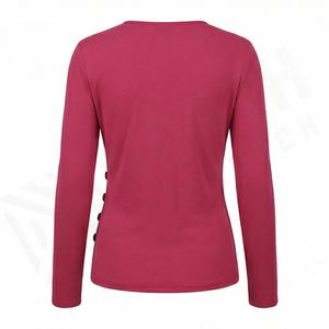 Camiseta de mujer sexy de lona sólida con ojales y botones, plisada lateralmente, cuello en V, estilo coreano, ajustada, manga larga, color personalizado, para primavera - Product Image 2