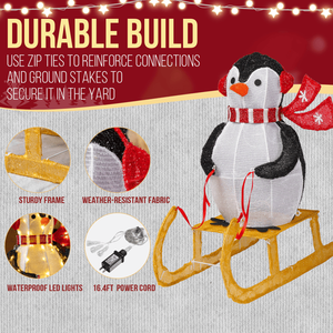 Decorazione Natalizia Europea con Pinguino su Slitta Illuminato, 2,2 Piedi, Pre-illuminato con 130 Luci LED Bianco Caldo per Uso Esterno - Product Image 6