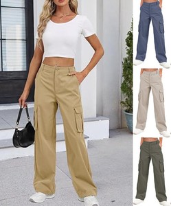 Pantalon cargo décontracté taille haute multi-poches pour femme, séchage rapide, couleur unie, coupe large, idéal pour l'automne (vente en gros) - Product Image 2