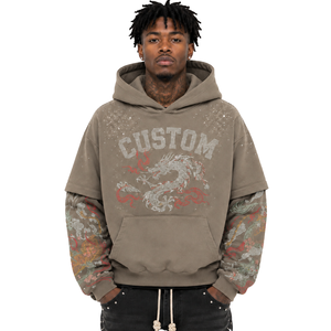 Sudadera con capucha de estilo premium con pedrería de dragón, lavada, oversize para hombre, con mangas superpuestas, gráfico personalizado, de tejido grueso, tipo jersey, proveedor - Product Image 1
