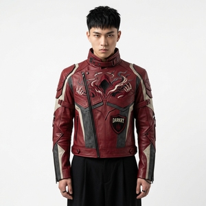 Mens <b>Burgundy</b> Red Genuine <b>Leather</b> Motorcycle <b>Jacket</b> Buckle High Neck Skull Embroidered Cyberpunk Biker Outerwear - Product Image 1