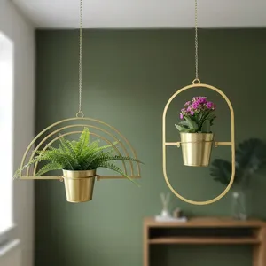 Pot de fleurs suspendu en métal doré avec des motifs d'arche et de cadre arc-en-ciel, support de pot de fleurs suspendu moderne pour plantes d'intérieur, contemporain - Product Image 4