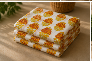 Eco-Friendly <b>Yellow</b> Floral Hand Block Print Lightweight Cotton Fabric Traditional Indian Textile for Girls Dress Kurti <b>Saree</b> - Product Image 3