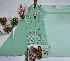 Designer Green <b>Top</b> selling Kurta Palazzo Suit <b>Indian</b> Pakistani Sequin Zari Embroidery Wedding Festive Traditional Women Wear - Product Image 1