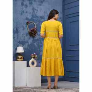 Elegante Vestido Maxi Amarillo 100% Algodón Lavable, Corte en A, Cuello en V, Casual para Mujer - Product Image 4