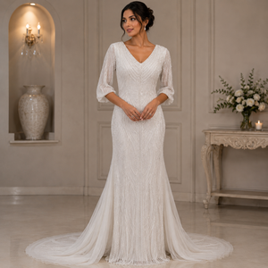 Women White Beaded Wedding Dress V Neck Half Sleeve Mermaid Bridal Gown Embellished Floor Length Train Elegant Formal Ceremony - Product Image 3