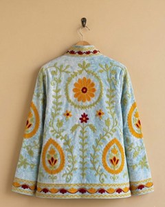 Veste Suzani de luxe en velours blanc brodée de fleurs, manches longues, col montant, style bohème, pour femme, vêtement d'extérieur d'automne - Product Image 4