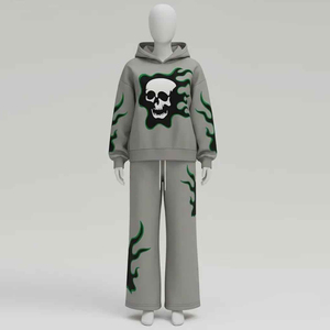 Conjunto de chándal de moda para niños con estampado de calavera y llamas, sudadera con capucha oversize gris y pantalones de pierna ancha, atuendo de streetwear. - Product Image 5