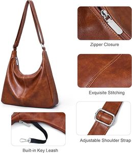 Bolso Hobo de Cuero Genuino para Mujer de la Mejor Calidad, con Cierre de Cremallera, Correa de Hombro Ajustable, Color Marrón, Estilo Clásico, para Uso Diario - Product Image 1