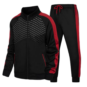 Conjunto Deportivo de Dos Piezas para Hombre, Negro y Rojo, con Estampado Geométrico, Cierre Frontal con Cremallera, Mangas Largas, para Otoño, con Bolsillos Laterales - Product Image 1
