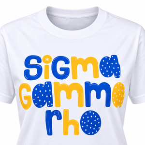 Camiseta Blanca Sigma Gamma Rho con Estampado Gráfico Azul y Dorado, Cuello Redondo, Manga Corta, Prenda Casual Clásica de la Hermandad Griega - Product Image 5