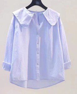 Blusa con cuello para mujer, corte holgado, manga tres cuartos, algodón, informal, primavera, verano, color liso - Product Image 2