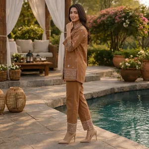 Women's Brown Embroidered Cotton Set <b>Three</b> <b>Quarter</b> Sleeve Full Length <b>Pants</b> Casual Bohemian Style All Seasons Wear - Product Image 3